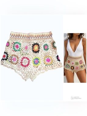 Boho Crochet Granny Artsy Square Shorts Multicolor Festival Size XL